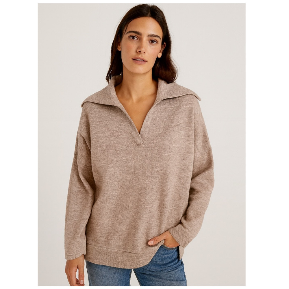 OGL Sweater V-Neck Collar Ribbed Heather Brown Tan Size Small NEW